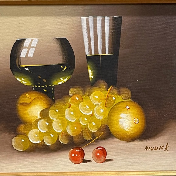Beautiful Framed Oil Painting Wine & Fruit Still Life Signed Riddick 15x13 - Picture 2 of 13